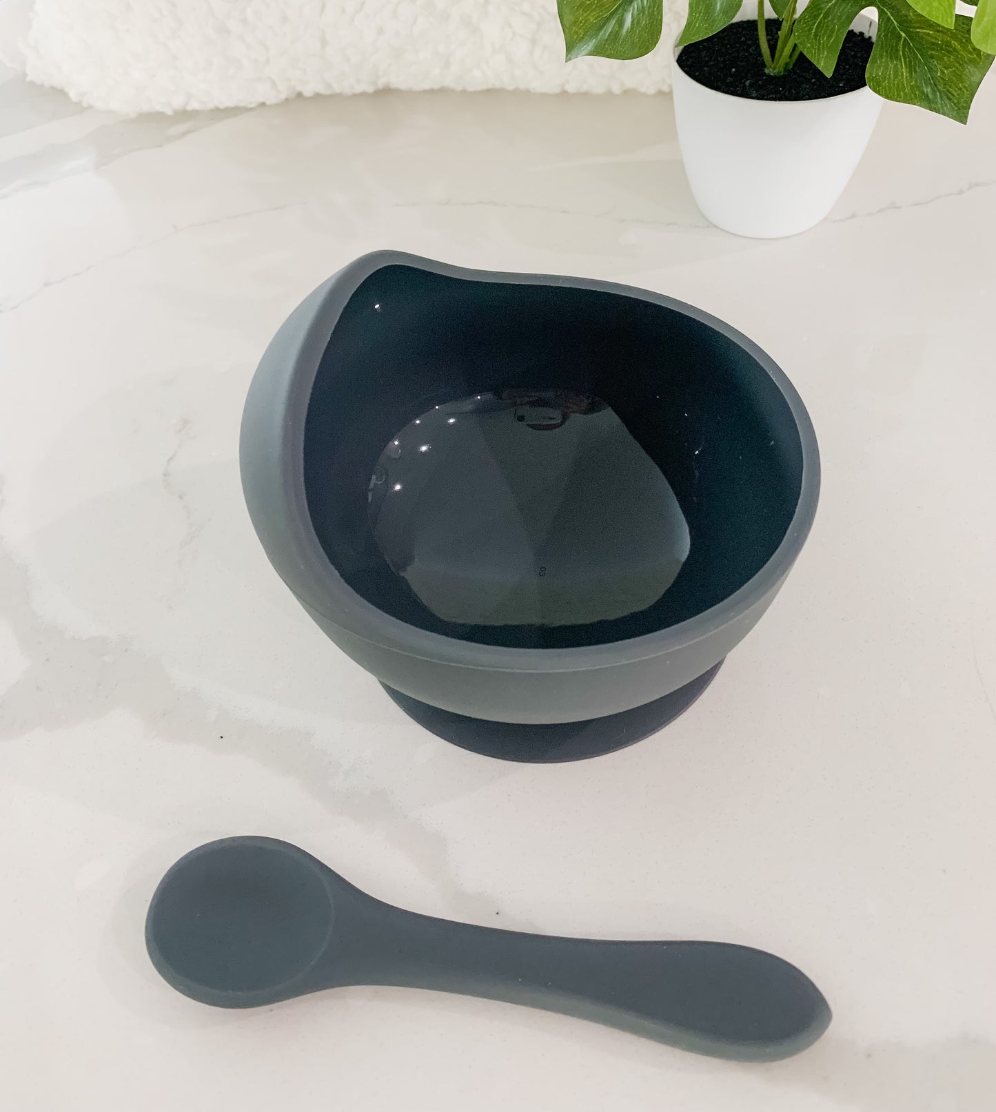 Slate Gray Silicone Suction Bowl w/ Spoon Set