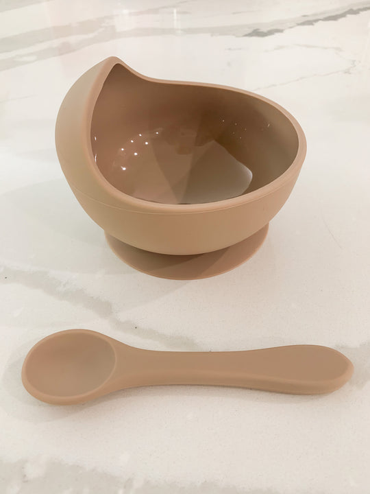 Harvest Beige Silicone Suction Bowl w/ Spoon Set