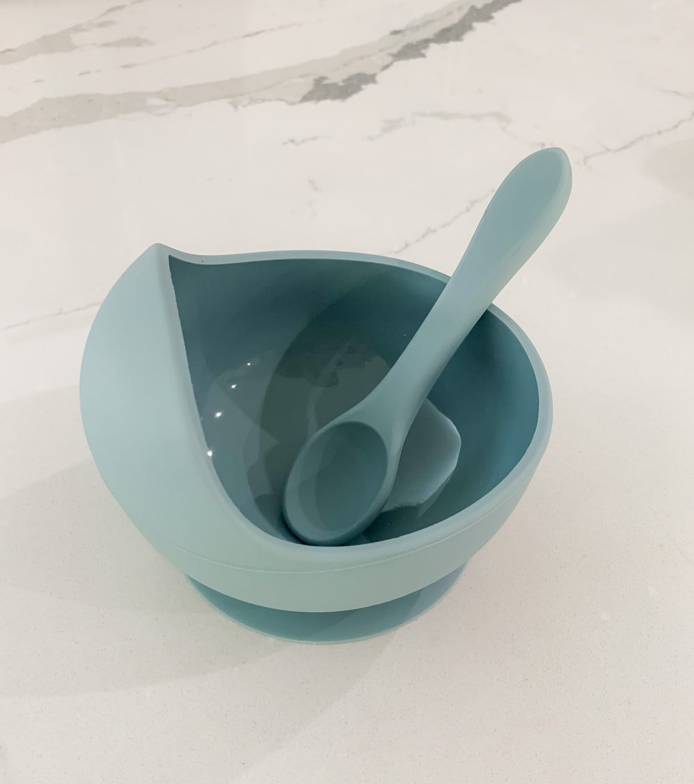 Prairie Sky Blue Silicone Suction Bowl w/ Spoon Set