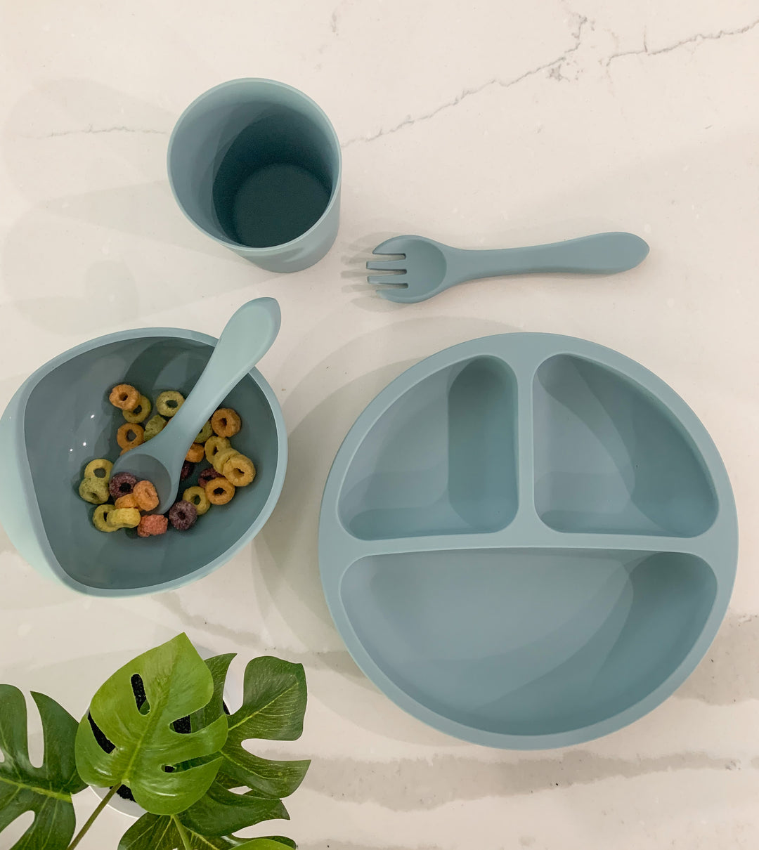 Prairie Sky Blue Silicone Suction Bowl w/ Spoon Set