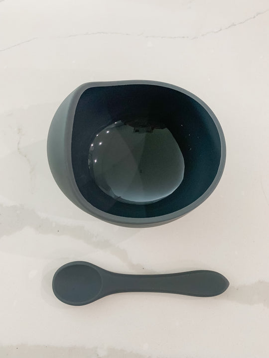 Slate Gray Silicone Suction Bowl w/ Spoon Set