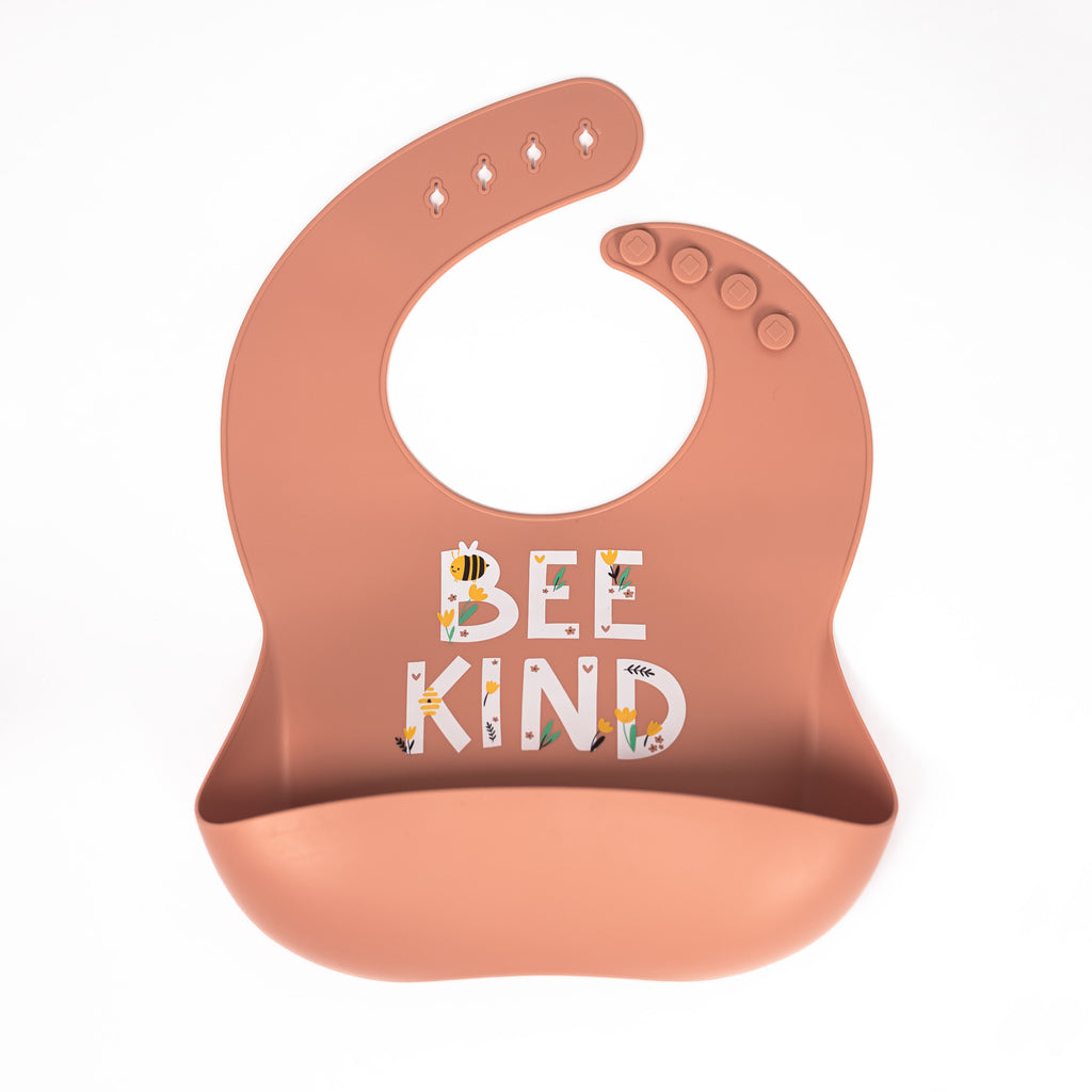 Dusty Pink silicone bib with a bee and floral imagery