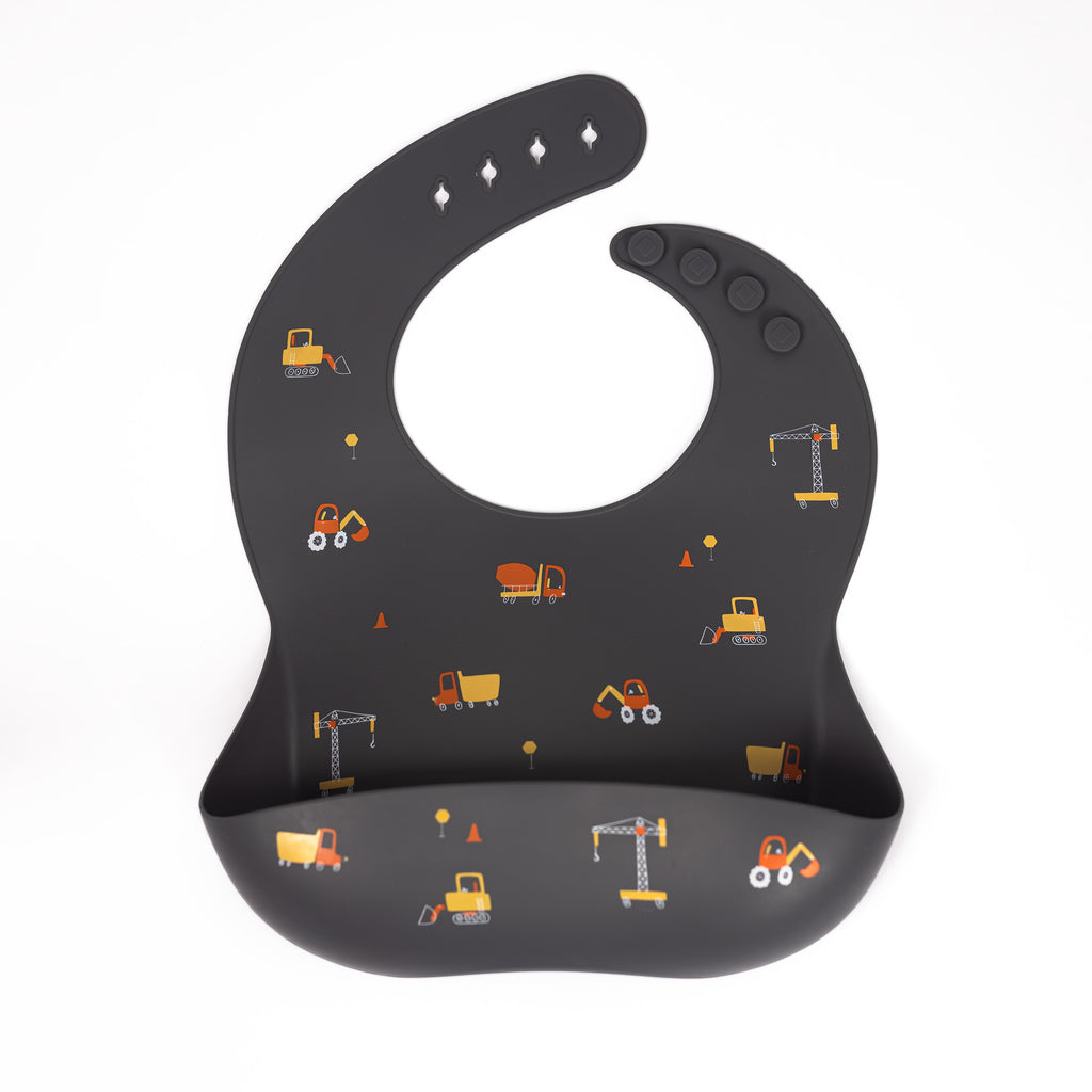 Charcoal Gray Silicone Bib with Construction vehicles on it